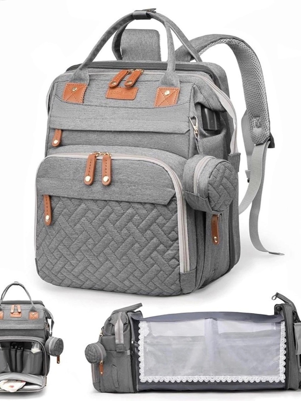 Gray & Brown Baby Diaper Backpack